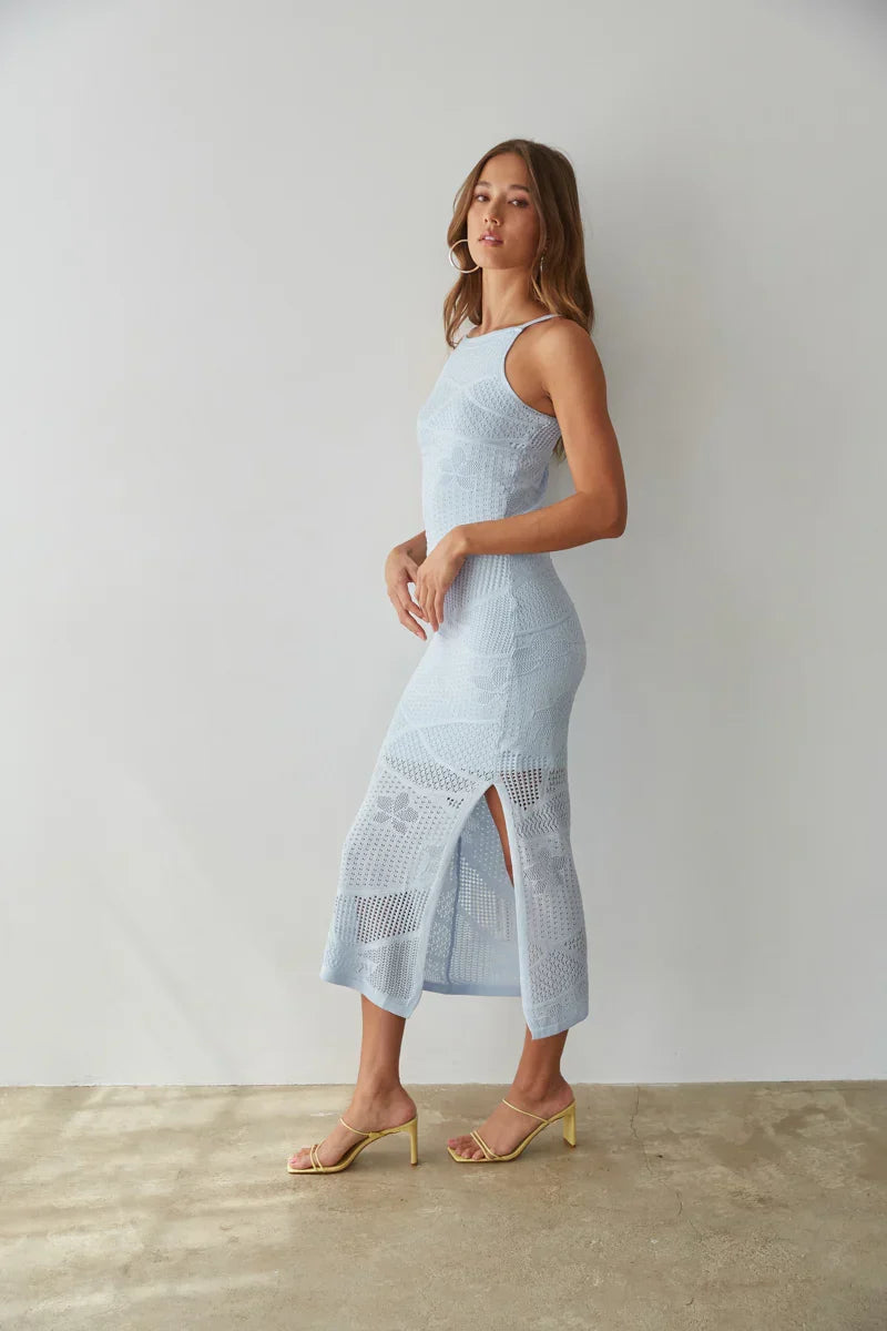 Keilani High Neck Open Knit Midi Dress