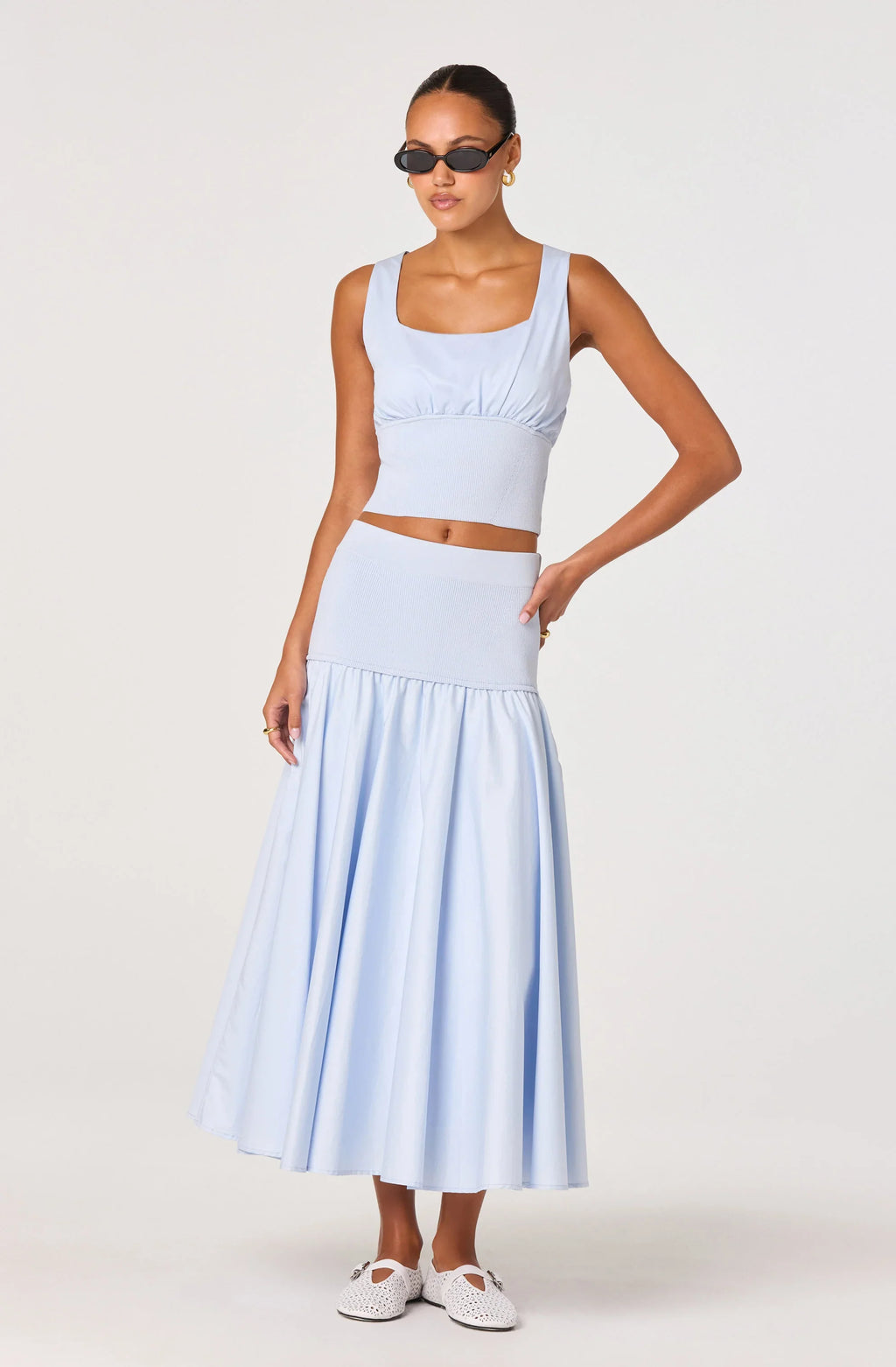 Thesan Mixed Media Drop-Waist Midi Skirt