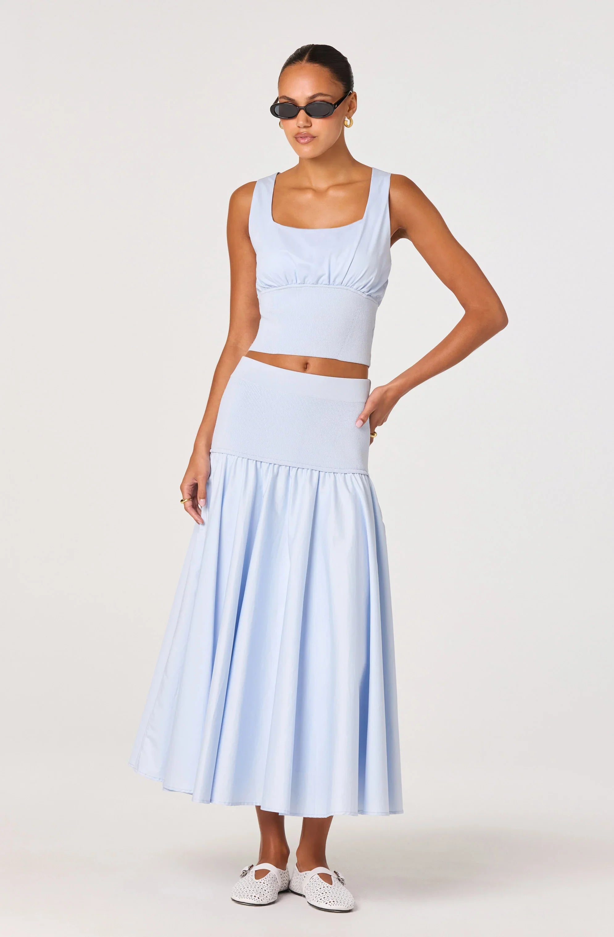 Thesan Mixed Media Drop-Waist Midi Skirt