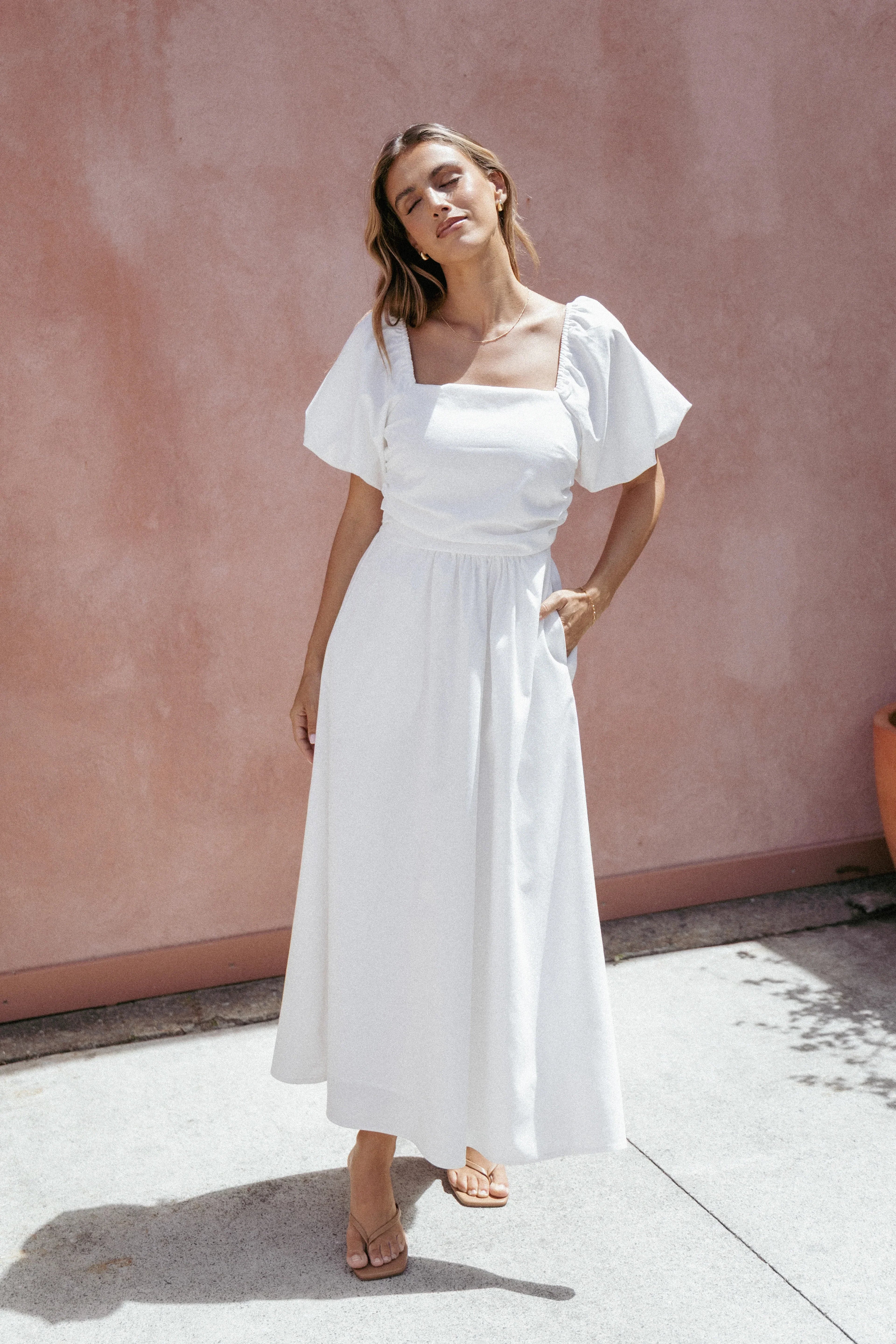 Clo Puff Sleeve Midi Dress - White