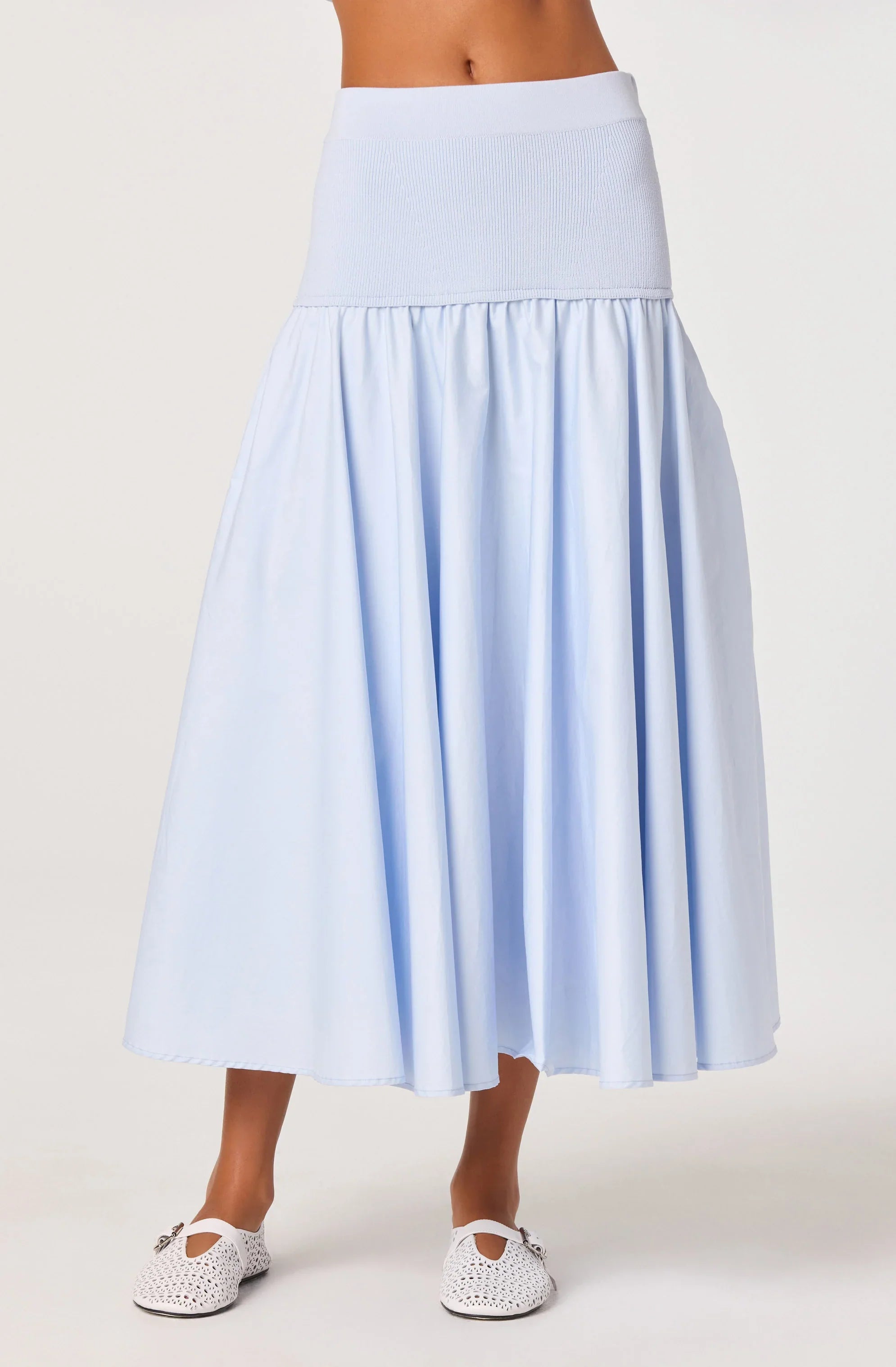 Thesan Mixed Media Drop-Waist Midi Skirt
