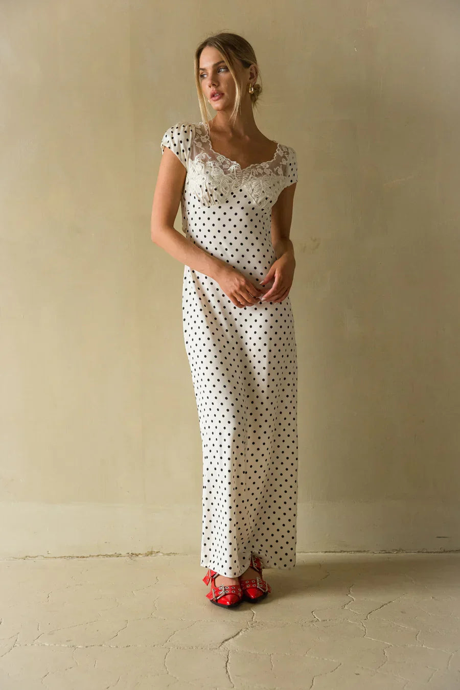 Brandie Lace Trim Polka Dot Maxi Dress