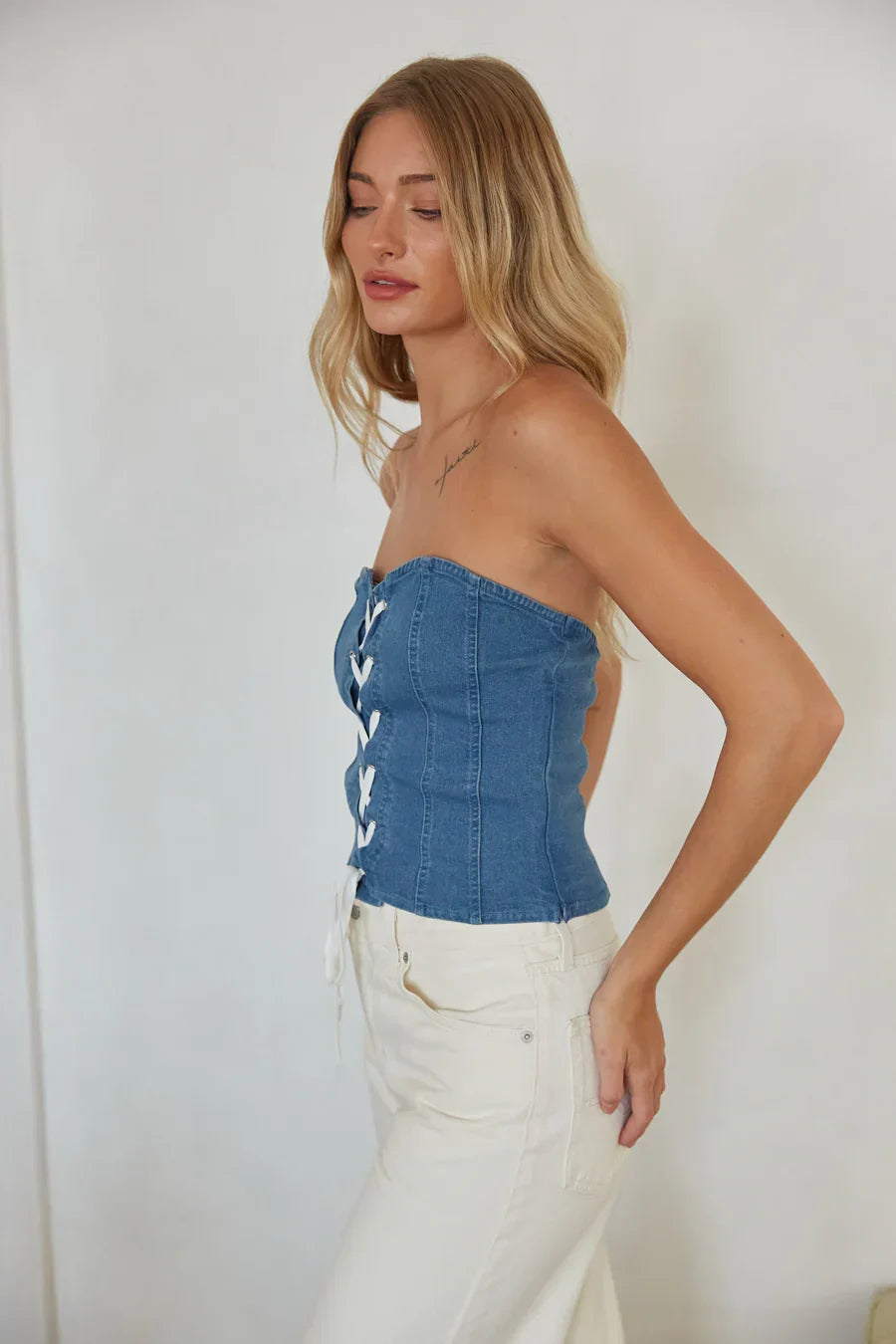 Abeline Strapless Denim Lace Up Corset