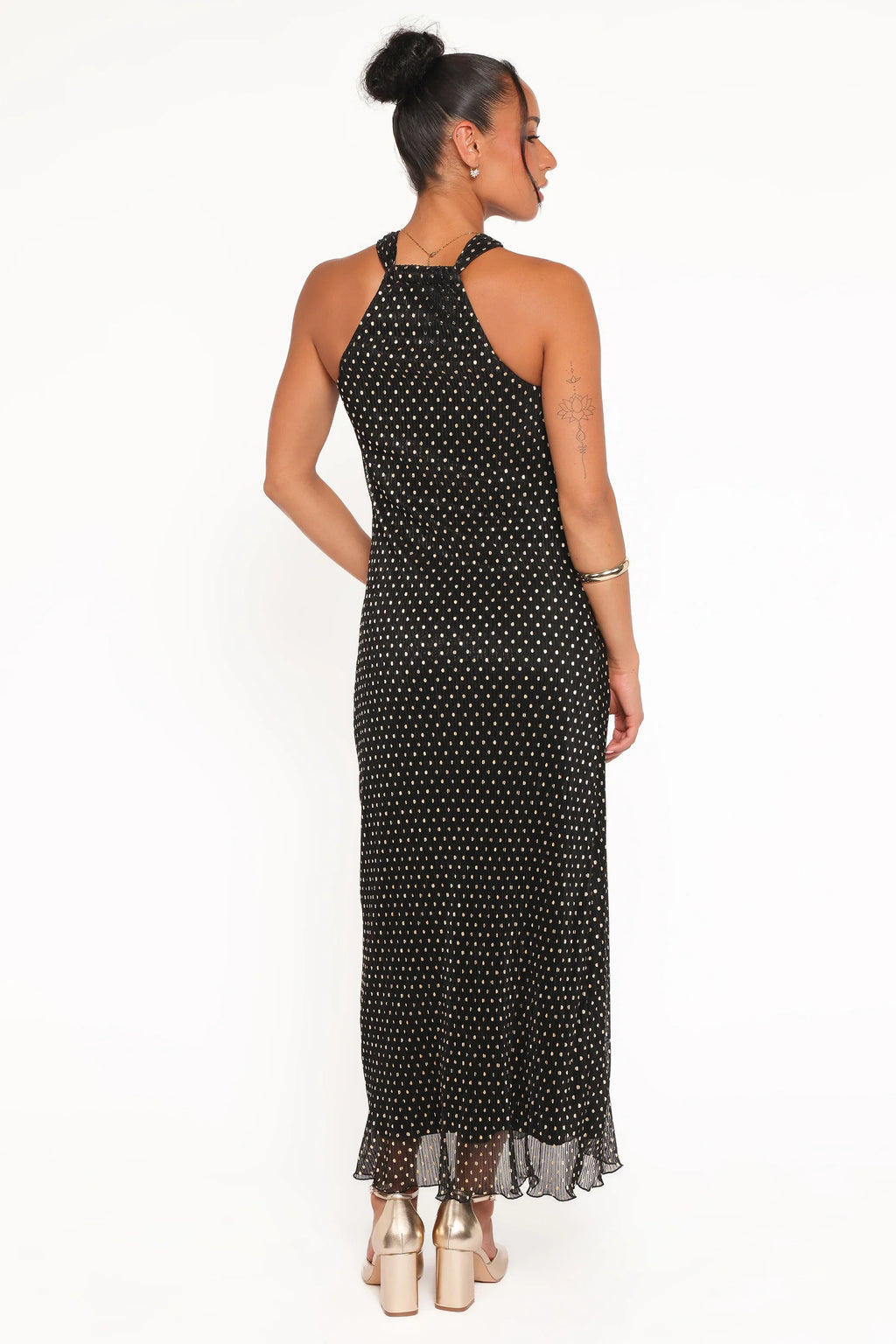 Melody Plisse Halter Maxi Dress - Black/Gold Polka Dot