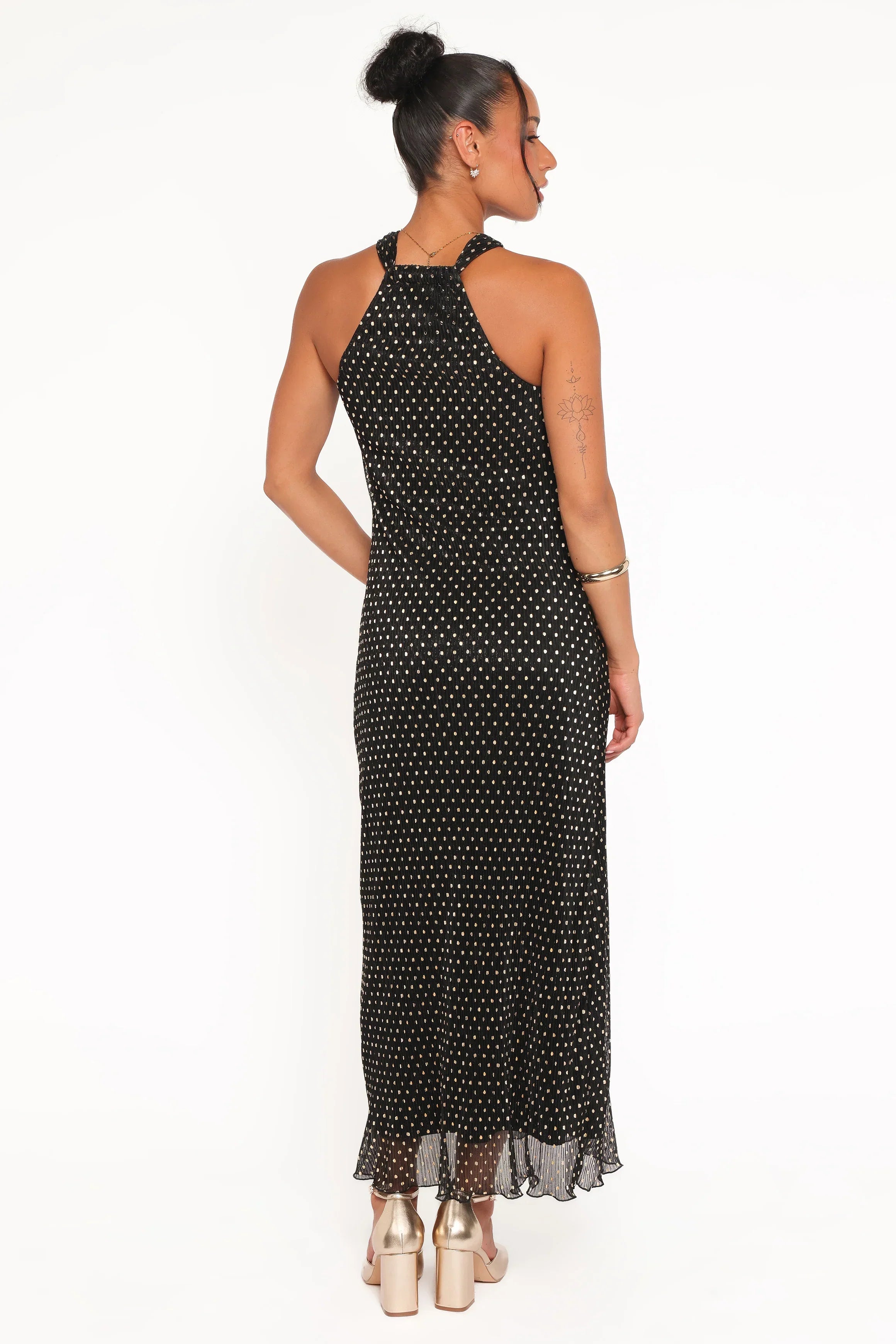 Melody Plisse Halter Maxi Dress - Black/Gold Polka Dot