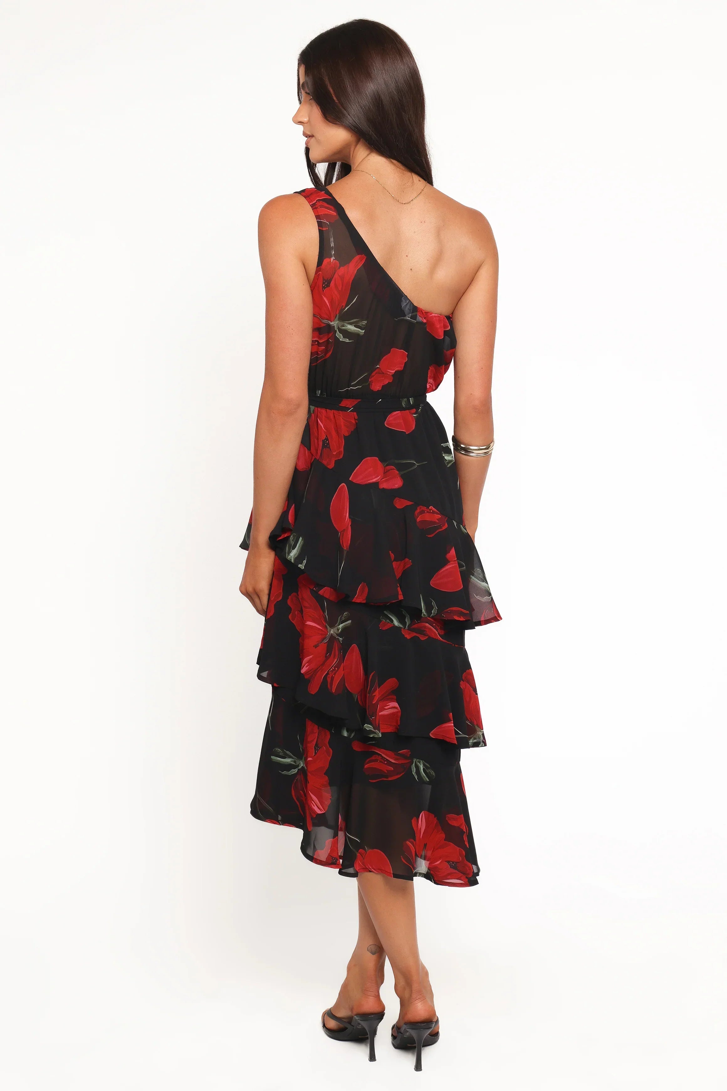 Brigette One Shoulder Tiered Midi Dress - Red Floral